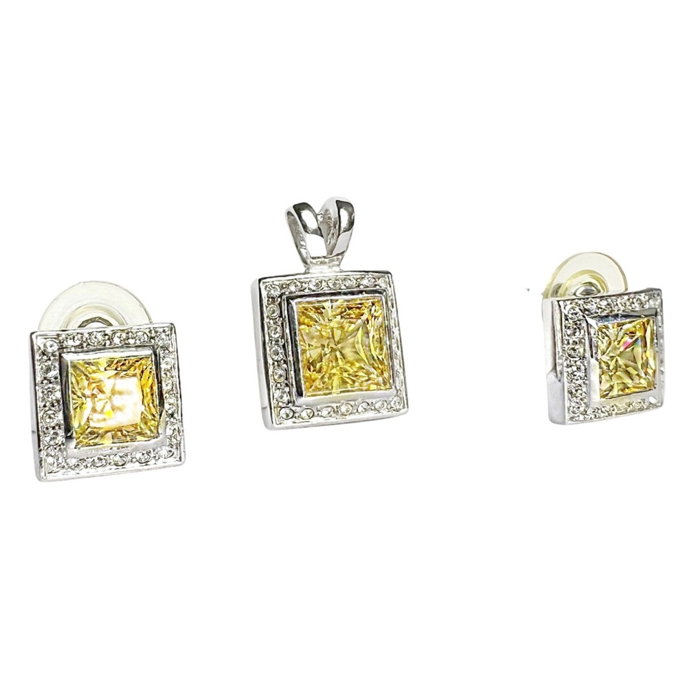 FANCY Canary Yellow and White Zirconias Earrings and Pendant Set 10K Gold Plated